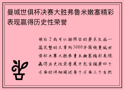 曼城世俱杯决赛大胜弗鲁米嫩塞精彩表现赢得历史性荣誉